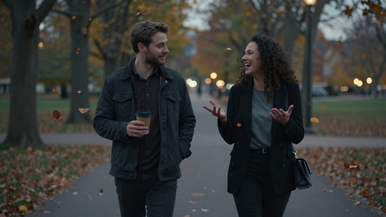 A couple walking peacefully through a park at dusk, sharing a laugh under falling leaves.