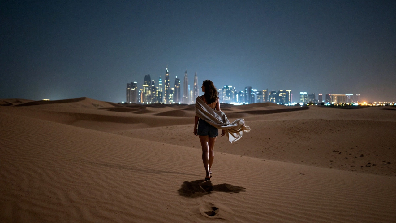 A woman walks barefoot across desert dunes at night under a star-filled sky, Dubai’s skyline glowing faintly in the distance.
